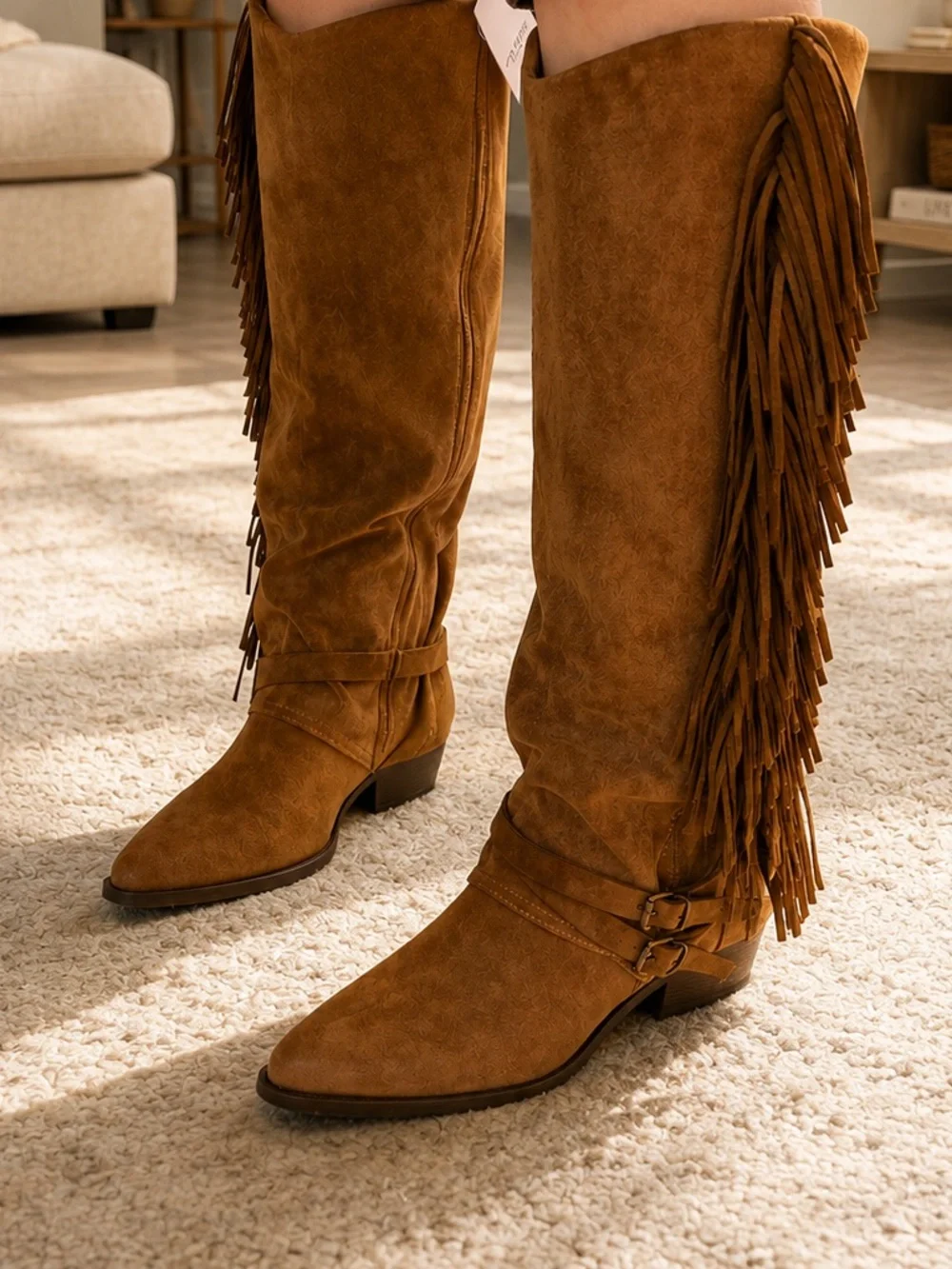 Fringed Over-the-Knee Suede Boots - Tan
